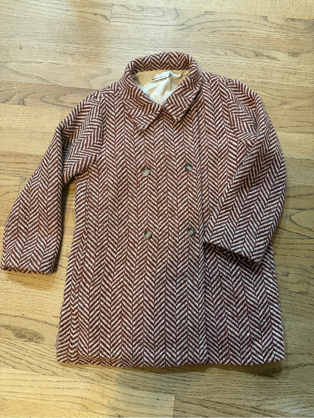 The New Society Kids Herringbone Double Breasted Coat Brown White 8Y